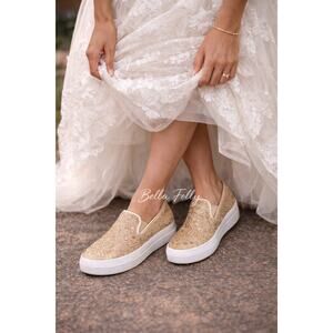 Volatile Gold Rhinestone Slip On Sneakers Bling Sparkly Flats Tennis Shoes Sz 8